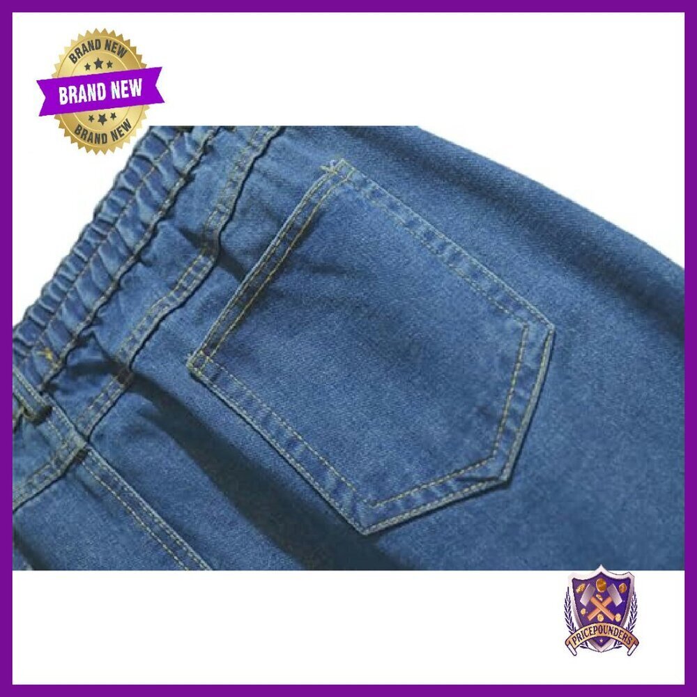 Elastic Waist Midi Denim Skirt with Pockets A-Line Flare - Picture 6 of 7